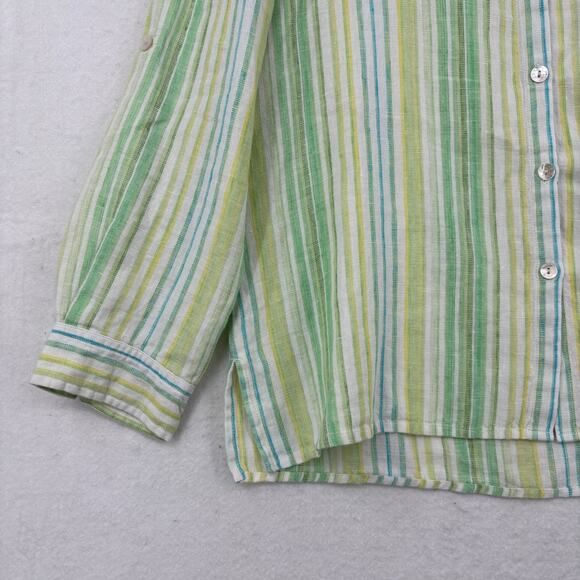 Studio Works Linen Blouse Womens Size L Green Stripe Button Up Roll Tab Sleeves - Picture 5 of 11